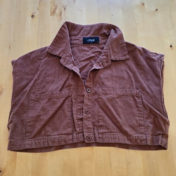 Cider Brown Knit Sleeveless Sz Large Collar Button Down Crop Shirt Vest Tank Top - Picture 1 of 6